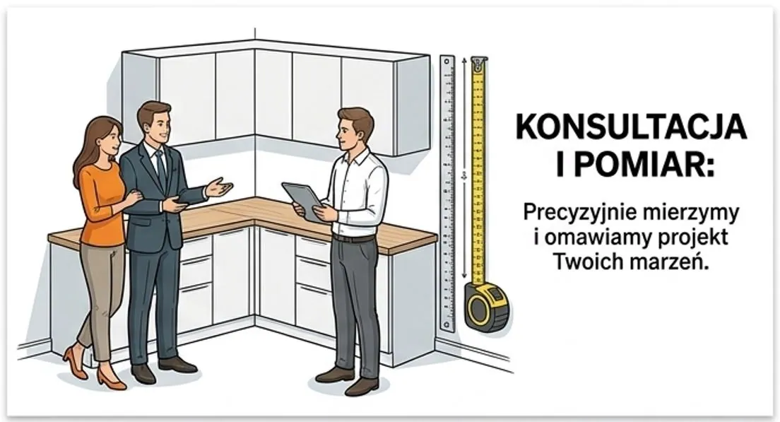 Krok 01: Konsultacja i pomiar — Poznajemy Twoje potrzeby, styl i budżet. Wykonujemy bezpłatny, profesjonalny pomiar u Ciebie.