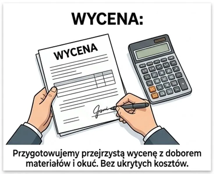 Krok 03: Wycena — Przygotowujemy przejrzystą wycenę z doborem materiałów i okuć. Bez ukrytych kosztów.