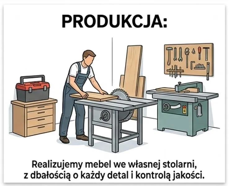 Krok 04: Produkcja — Realizujemy mebel we własnej stolarni, z dbałością o każdy detal i kontrolą jakości.